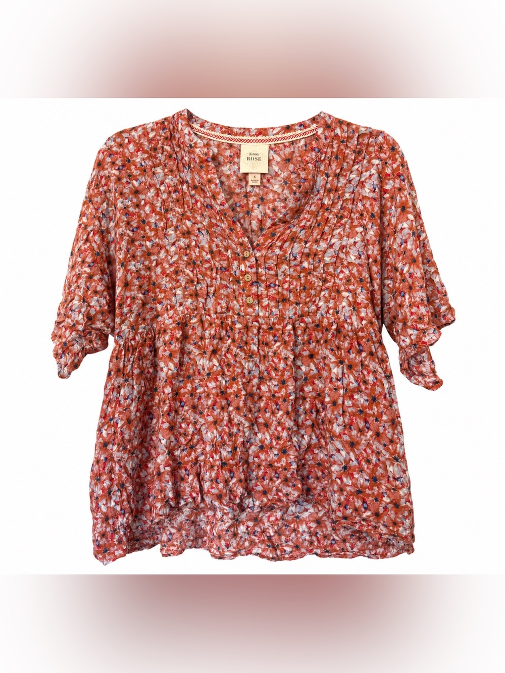 Knox Rose Floral V-Neck Pintuck Peasant Top- S